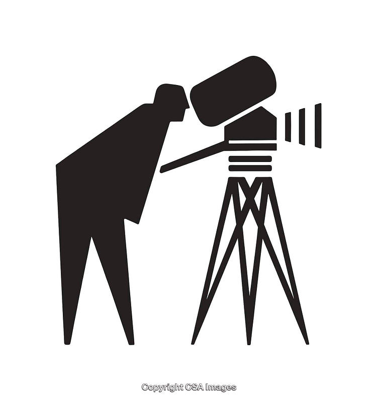 Illustration of Filmmaker Using Vintage Camera on Tripod in Black and White
