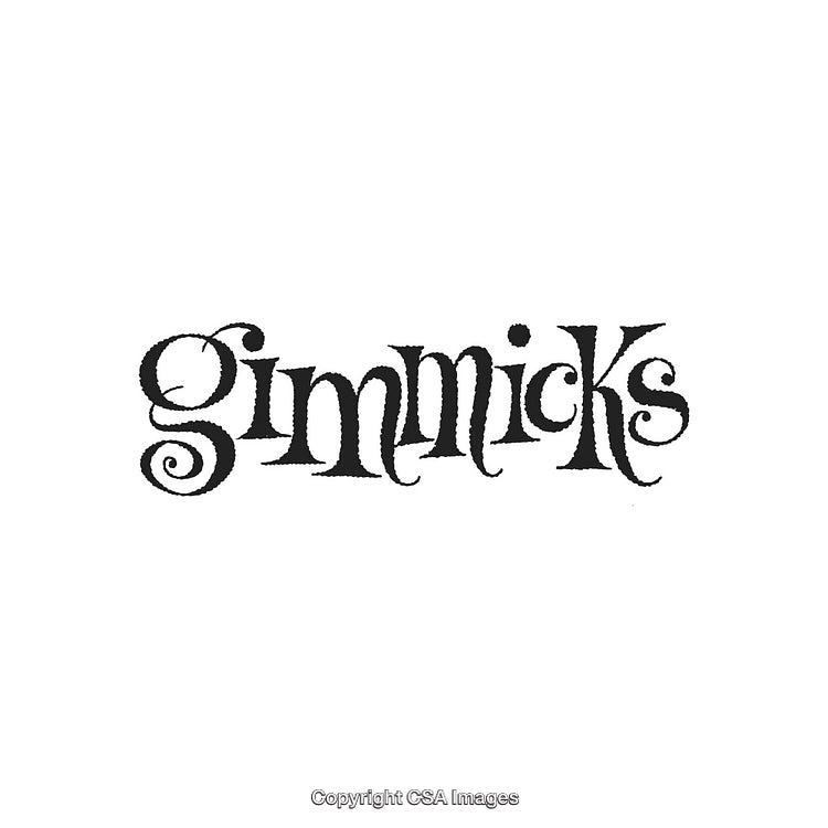 Stylized Black Calligraphy Text 'Gimmicks' on White Background