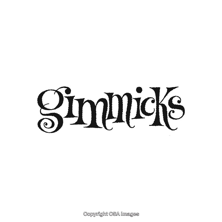 Stylized Black Calligraphy Text 'Gimmicks' on White Background