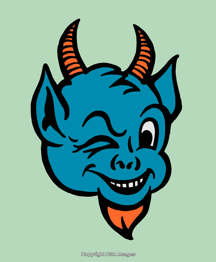 Playful Blue Devil Illustration in Cartoon Style With Orange Horns
