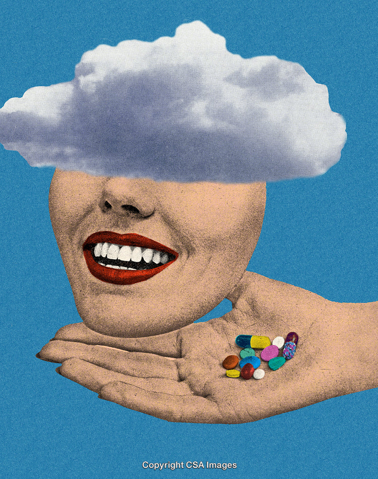 Surreal Artwork Featuring a Cloudy Head and Pills in a Hand