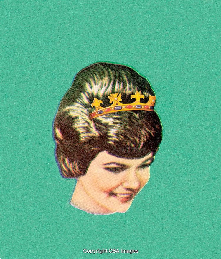 Vintage Portrait of a Woman Wearing a Crown on a Green Background