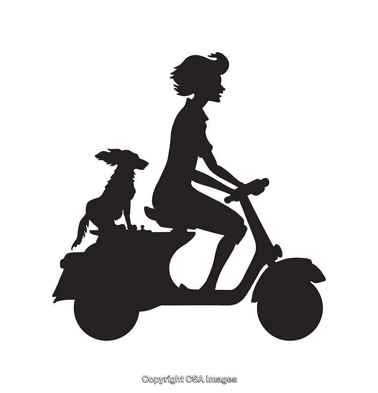 Silhouette of Woman Riding Scooter with Dog on Back