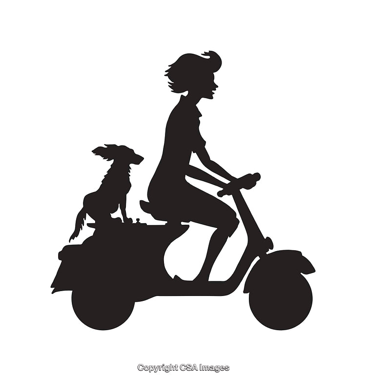 Silhouette of Woman Riding Scooter with Dog on Back