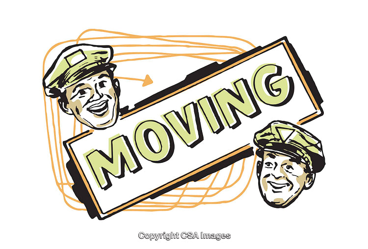 Retro Moving Illustration with Happy Cartoon Characters and Bold Text