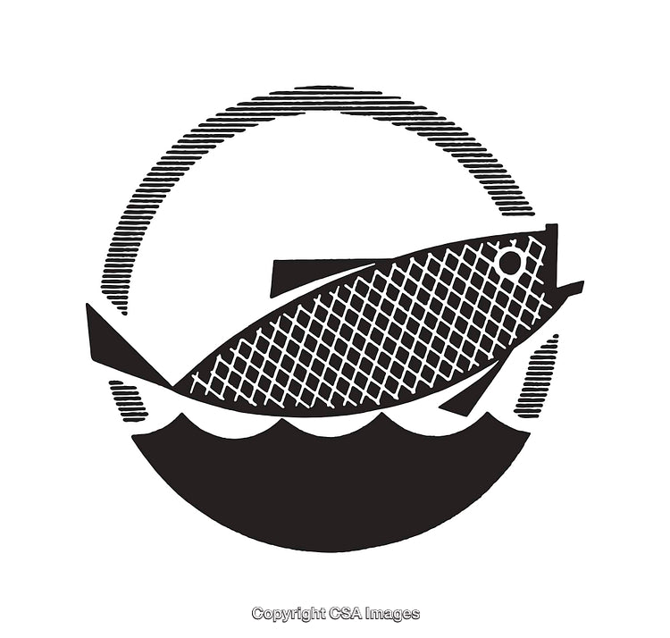 Black and White Stylized Fish and Waves Circular Illustration