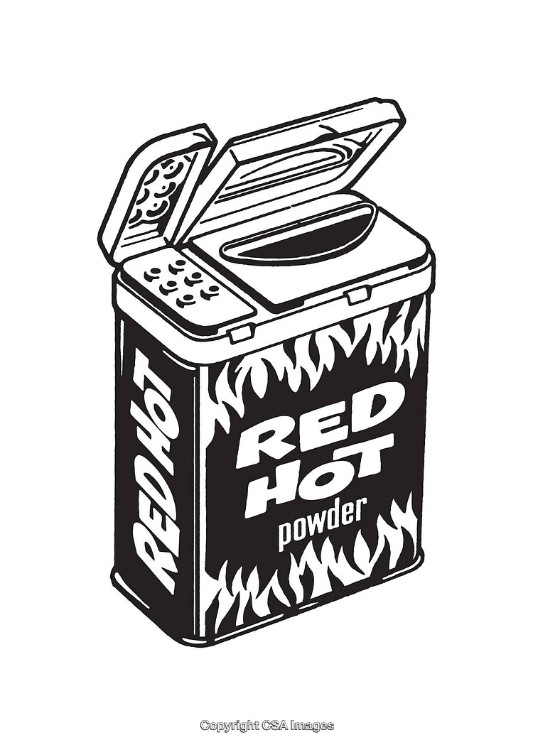 Red Hot Powder Tin Line Art With Flames and Lid Open