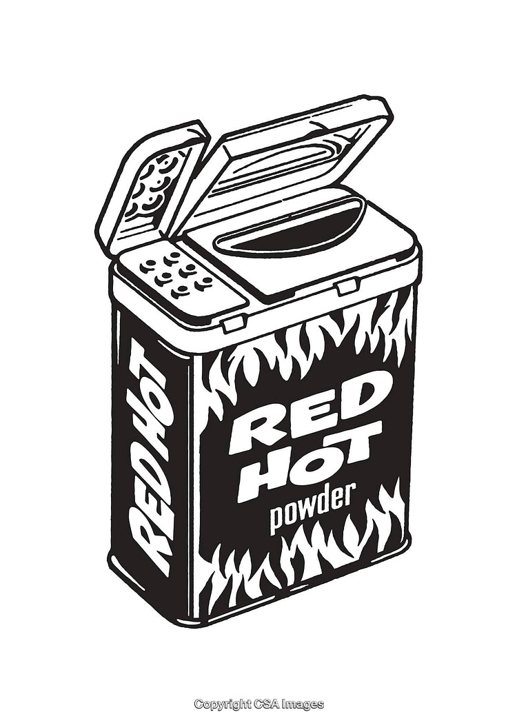 Red Hot Powder Tin Line Art With Flames and Lid Open