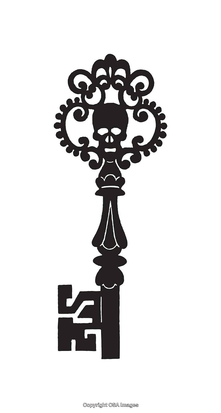 Decorative Black-and-White Skull-Themed Vintage Key Illustration