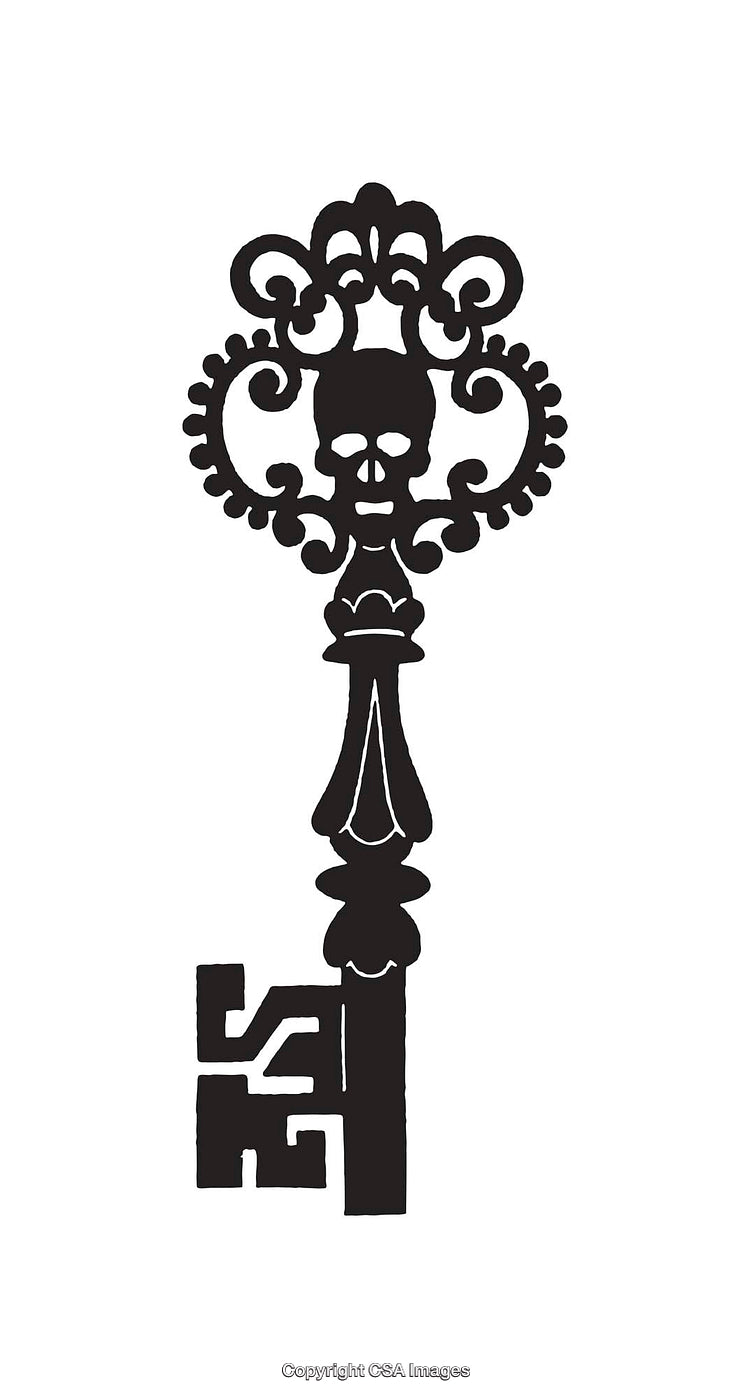 Decorative Black-and-White Skull-Themed Vintage Key Illustration