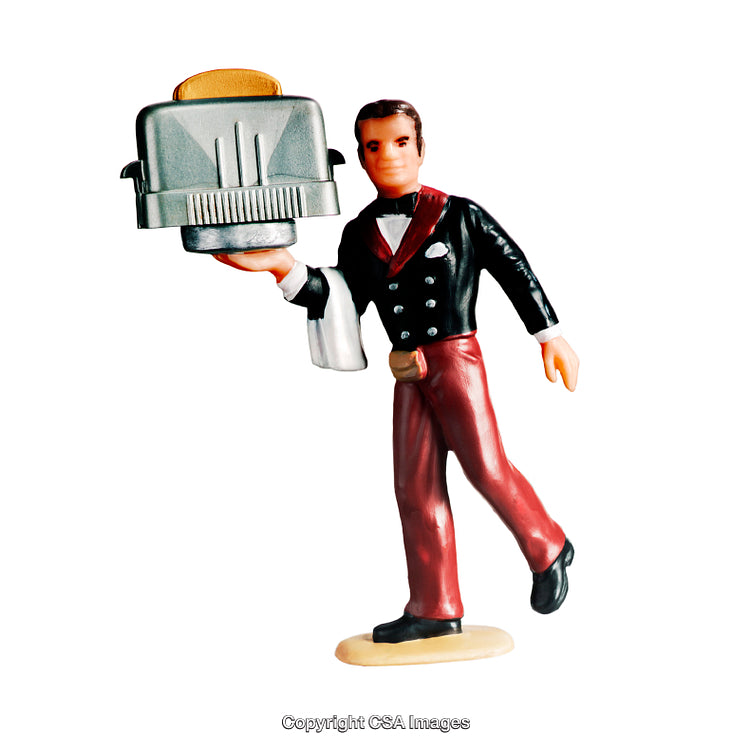 Miniature Toy Figurine of Dressed Waiter Holding a Toaster