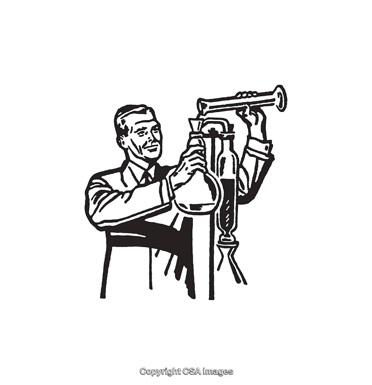 Vintage Line Art of Scientist Working With Laboratory Equipment