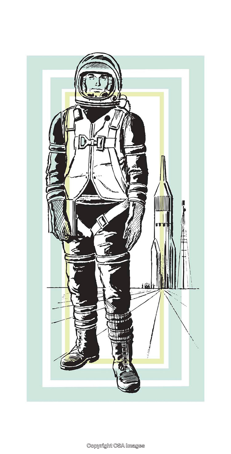 Illustration of a Spacesuited Astronaut with Rocket and Spacecraft Elements