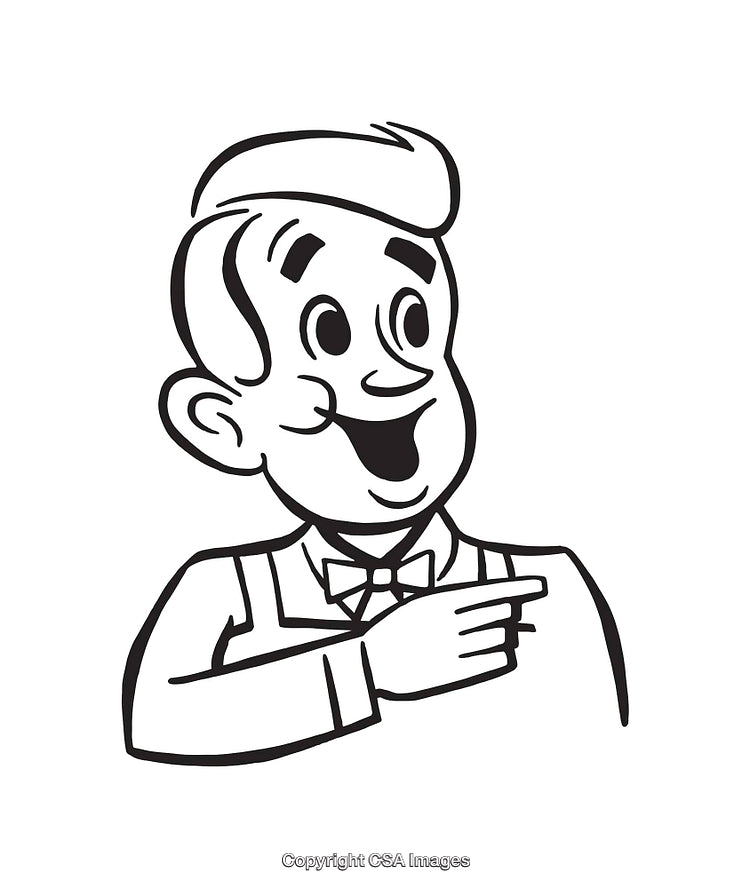Vintage Black and White Line Art of Cheerful Man Pointing and Smiling