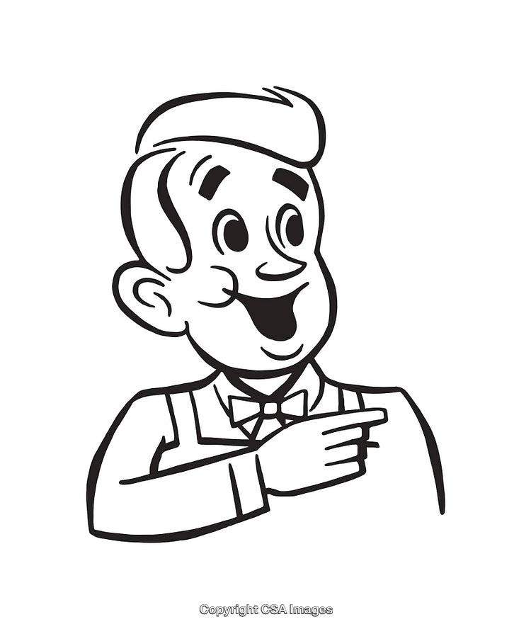 Vintage Black and White Line Art of Cheerful Man Pointing and Smiling
