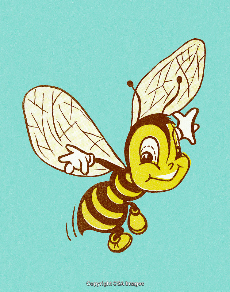 Cheerful Cartoon Bee Character with Wings, Smiling Against a Blue Background