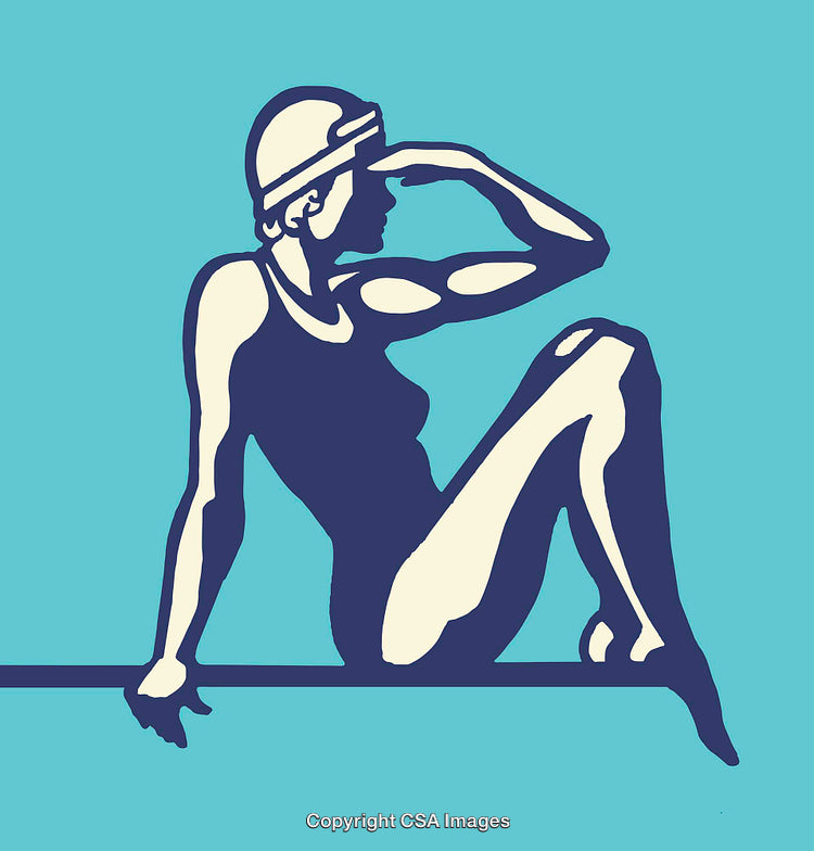 Stylized Illustration of Swimmer Gazing Towards Horizon in Retro Line Art Style