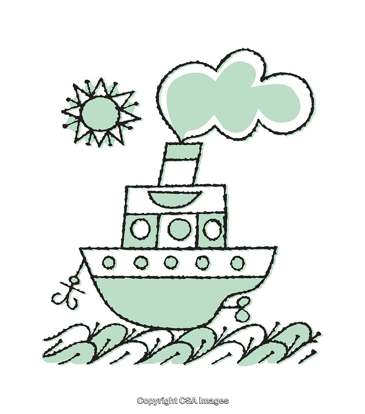 Hand-Drawn Steamship with Sun and Waves in Pastel Tones