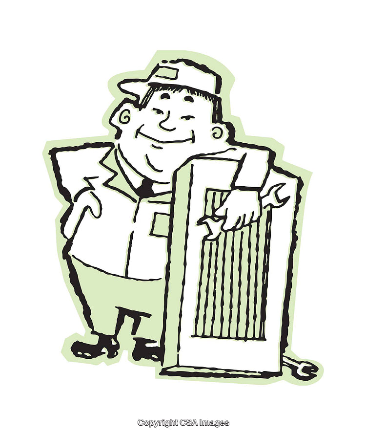 Cartoon Mechanic Holding a Radiator with Tools in Hand