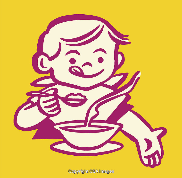 Child Enjoying a Bowl of Hot Soup in Line Art Cartoon Style