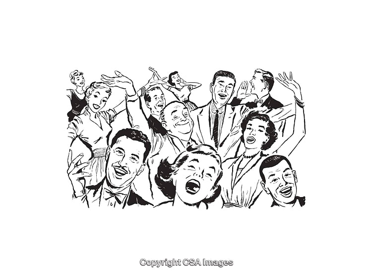 Joyful Group of People Expressing Excitement in Retro Style Black and White Art
