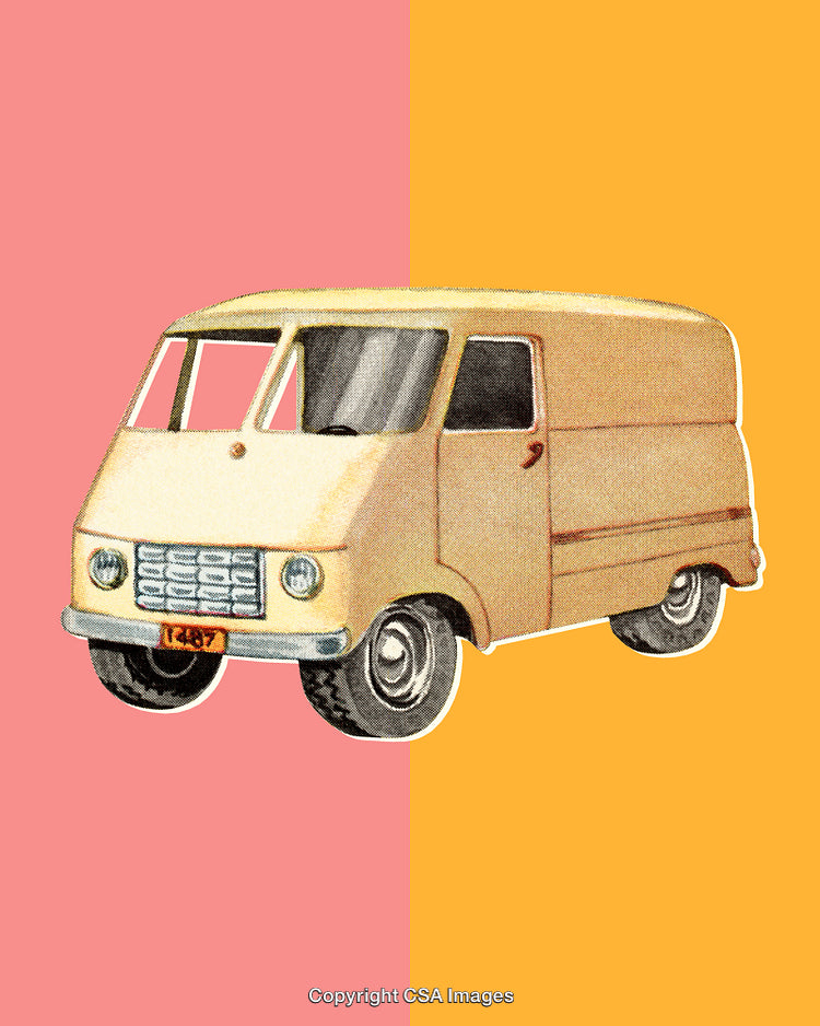 Retro Beige Van with Vibrant Background and Minimalist Aesthetic Contrast