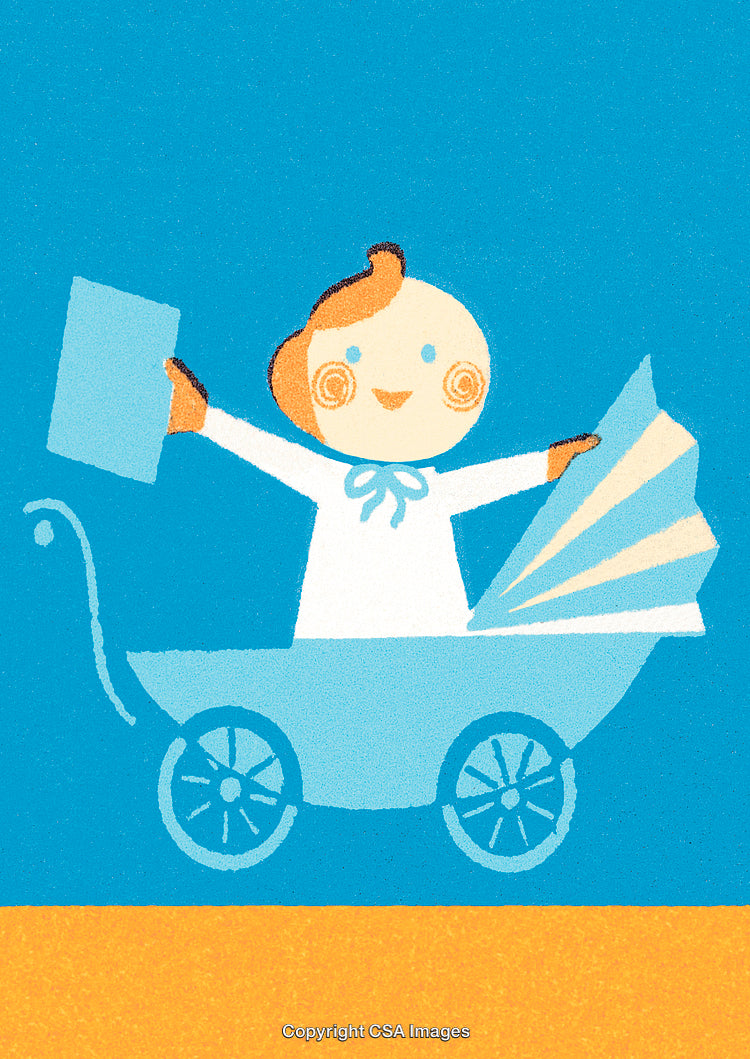 Illustration of Joyful Baby in a Stroller in Vibrant Colors