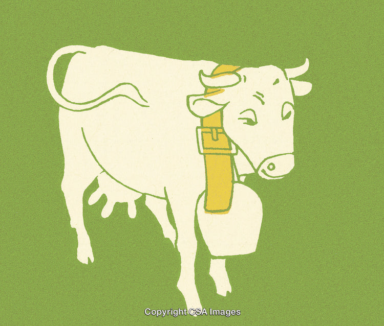 Cartoon Illustration of a Cow on Green Background with a Yellow Bell