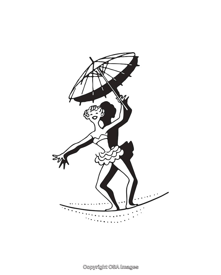 Vintage Circus Performers Balancing with Umbrella in Artistic Line Art