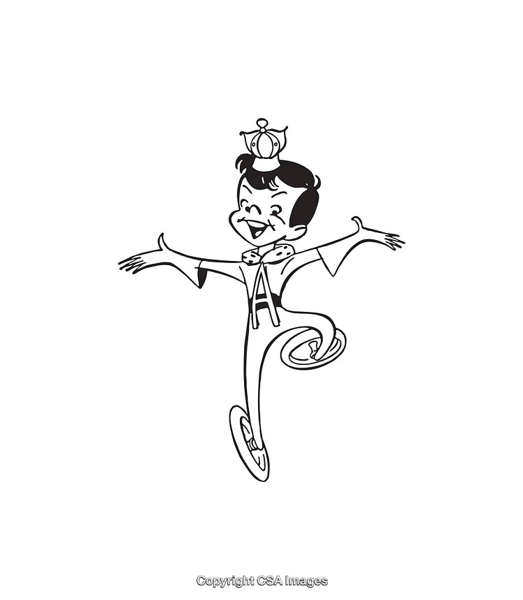 Cheerful Cartoon Character in Crown Jumping with Arms Outstretched in Line Art