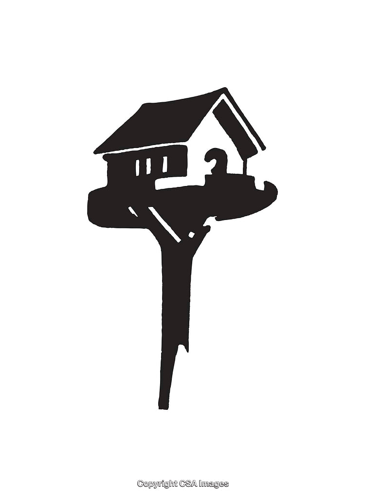 Black And White Line Art of a Cabin in a Tree