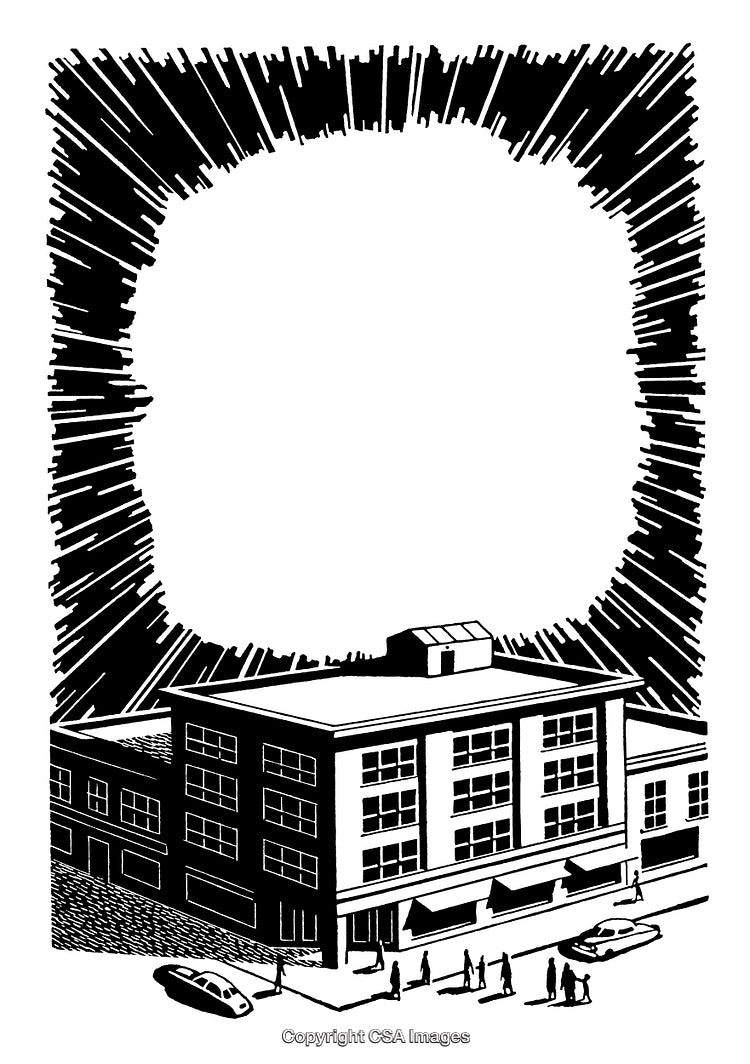 Black and White Engraving of a City Street with Buildings and People