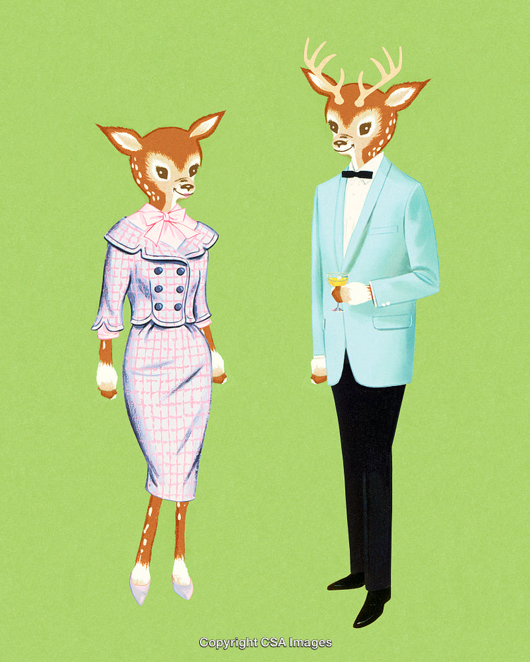 Elegant Anthropomorphic Deer Couple in Stylish Attire on Green Background