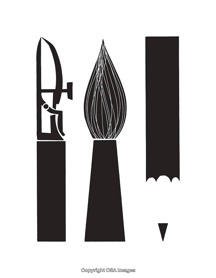 Black and White Illustration of Knife, Brush, and Pencil