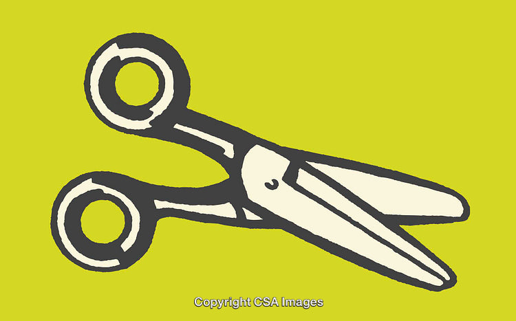 Colorful Line Art Illustration of Scissors on a Vibrant Yellow Background