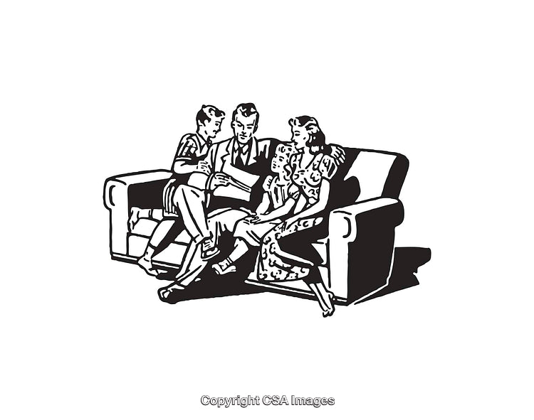 Retro Illustration of a Family Sitting Together at Home on a Couch