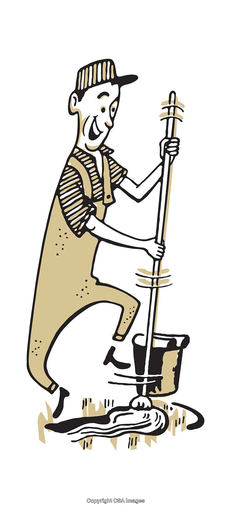 Cheerful Worker Mopping Floor with Vivid Illustration Style