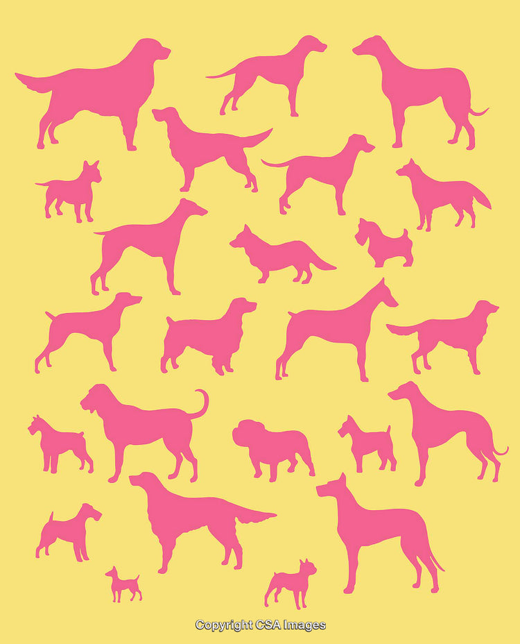 Pink Dog Silhouettes on Vibrant Yellow Background in Unique Composition