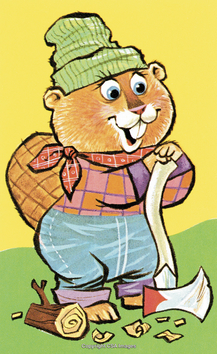 Illustrated Beaver Chopping Wood With Axe on Yellow Background