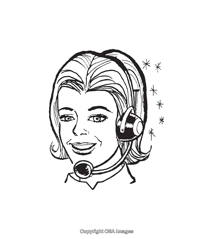 Retro Style Black and White Illustration of a Smiling Operator with Headset