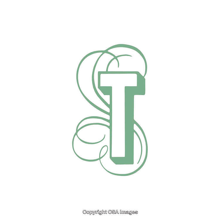 Elegant Green Letter T with Flourishing Decorative Design