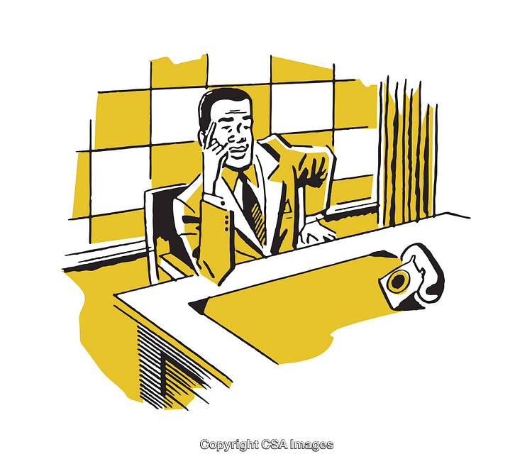 Retro Office Worker Illustration Depicting Contemplation in a Formal Setting