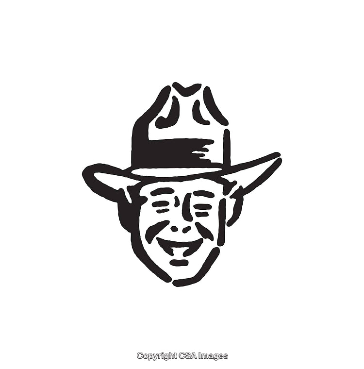 Black And White Line Art Drawing of Smiling Man in Cowboy Hat