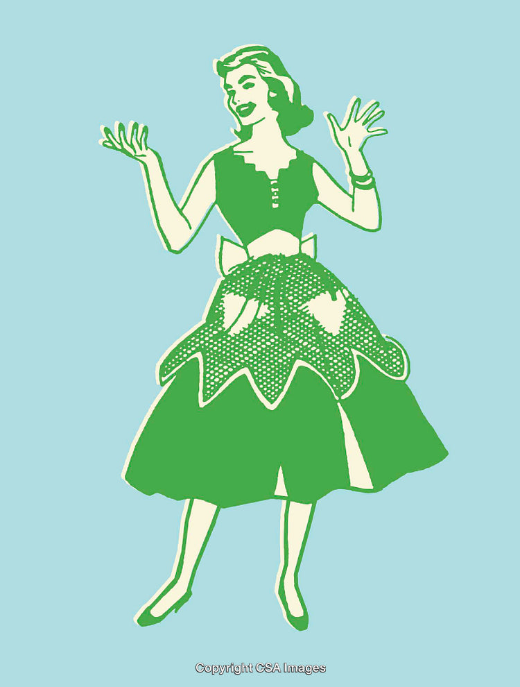 Stylized Illustration of Woman in Vintage Dress with Decorative Design