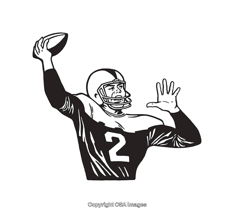 Black and White Illustration of a Football Player Throwing a Ball in Action