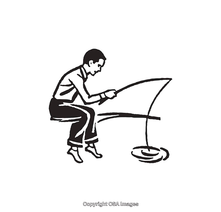 Vintage Line Art Illustration of a Person Fishing by a Pond