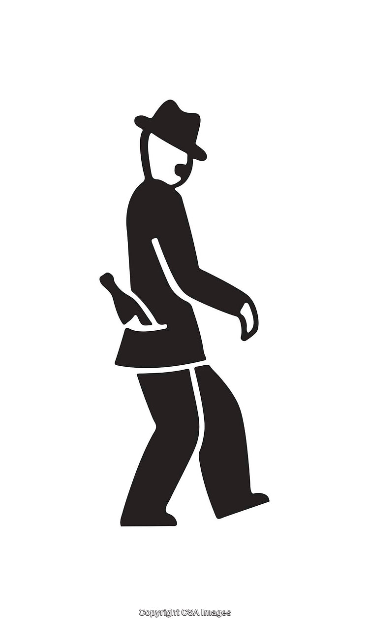 Black and White Icon of a Walking Gentleman with a Bottle