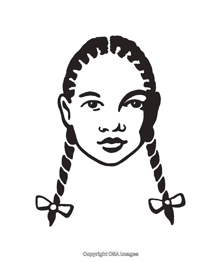 Black and White Illustration of Girl with Braided Hair and Bows