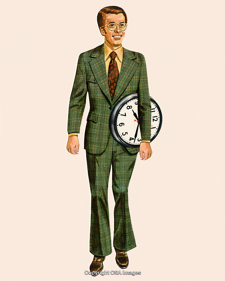 Vintage Illustration of a Businessman Holding a Clock in Artistic Rendering