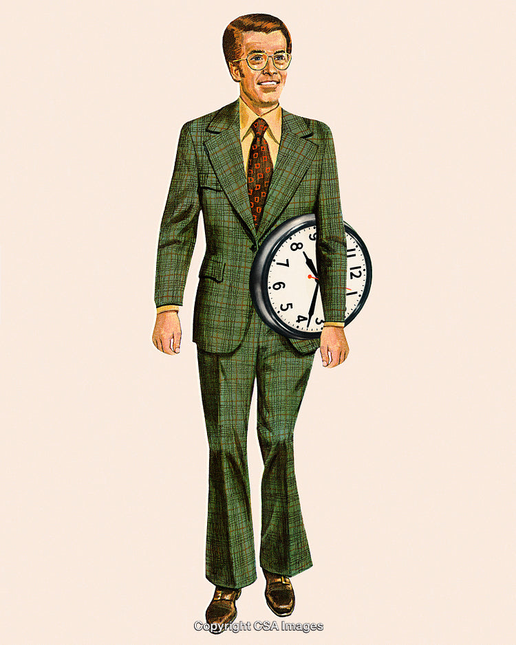 Vintage Illustration of a Businessman Holding a Clock in Artistic Rendering